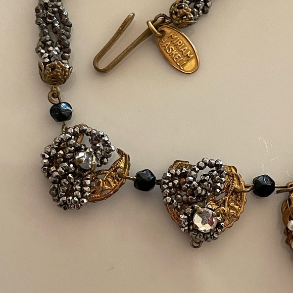 Haskell Diamonte Pearl Gold Filigree Black Pendant Signed Vintage Necklace - Picture 7 of 14